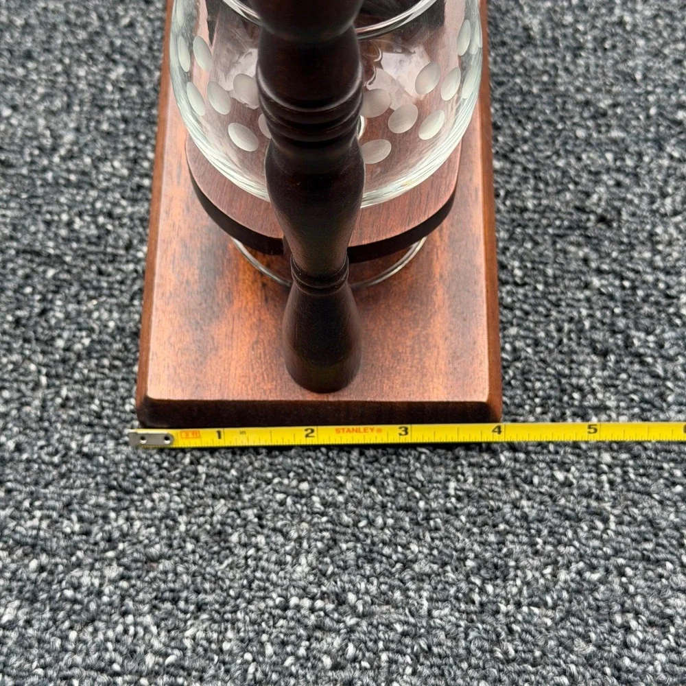 Vintage Wooden Rotating Bar Caddy with 4 Etched Polka Dot Brandy Snifter Glasses